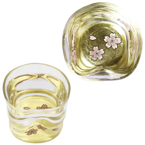 Kasyou Studio Cherry Blossoms sake cup (Natural curl shape) Glass (Kanazawa Gold Foil, Gift Box), Made in Japan, japanese sake cup soju glass luxury golden glasses Kasyou Maki-e Glass