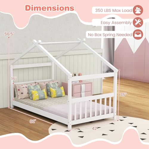 KOMFOTT-Twin-Wood-House-Bed-for-Kids-Low-Profile-Floor-Bed-Frame-with-Roof-Headboard-Footboard-Tent-Bed-for-Toddlers-Boys-Girls-Wood-Montessori-Bed-No-Box-Spring-Needed-White KOMFOTT Twin Wood House Bed for Kids Low Profile Floor Bed Frame with Roof Headboard Footboard Tent Bed for Toddlers Boys Girls Wood Montessori Bed No Box Spring Needed White