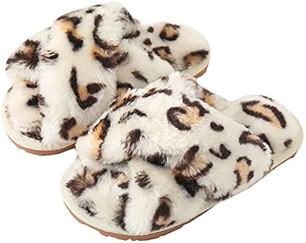 Fadezar Girls Fluffy Cute Fuzzy Slippers Open Toe Warm Fur Slides Cross Band Plush Slip on House Indoor Slippers White Leopard Narrow US 2-3 Big Kid EU 34-35