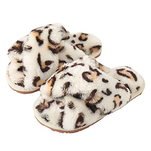 Fadezar Girls Fluffy Cute Fuzzy Slippers Open Toe Warm Fur Slides Cross Band Plush Slip on House Indoor Slippers White Leopard Narrow US 2-3 Big Kid EU 34-35