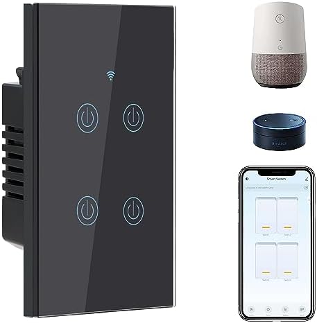 BSEED Smart Light Switches, 4 Gang Alexa WiFi Switch with Smart Life App Control and Timer Function, Black Touch Single Pole Switch Compatible with Alexa and Google Assistant