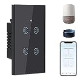 BSEED Smart Light Switches, 4 Gang Alexa WiFi Switch with Smart Life App Control and Timer Function, Black Touch Single Pole Switch Compatible with Alexa and Google Assistant