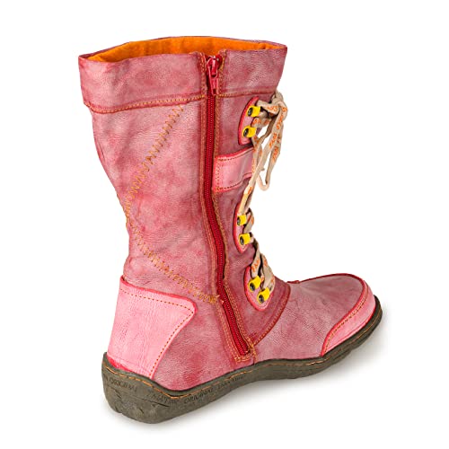 TMA EYES Patchwork Stitch-Detail PU Leather Mid-Calf Women's Boot3