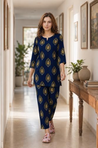 Image of Women's Cotton Night Suit Set, Printed Top and Pyjama, Casual Loungewear Sleepwear for Womens Girls