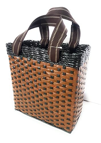 Image of Paperus Re-usable Small Light & Dark Brown Carry Bag, Shopping Bag, Tiffin Basket, Lunch Basket, Eco-Friendly, Handmade, of Paper Ropes 11 in Tall 10 in Length 5 in Wide Base