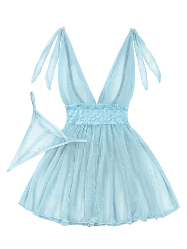Image of Lilosy Sexy Polka Dots Mesh Sheer Lace Babydoll Chemise Lingerie Set Floral Sleep Wear