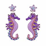 Pendientes colgantes de caballo de mar morado para mujer, aretes colgantes de diamantes de imitación de cristal brillante con acento de flor, joyería de moda para fiestas y uso diario