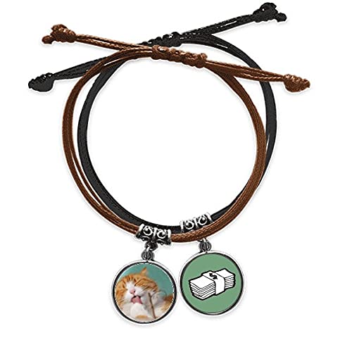 Pulsera de cuero con cuerda de gato amarillo y amuleto del dinero para la mano