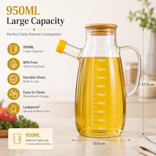 Image of Glass Oil Dispenser Bottle, Anti-Drip Spout, Leakproof Borosilicate Glass Oil Container with Measurement Markings for Kitchen, Olive Oil, Vinegar & Cooking (950, Milliliters)