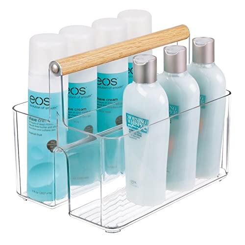 Mdesign Plastic Portable Shower Caddy Divided Basket Bin Storage Organizer With Wood Handle For Bathroom Vanity, Dorm Shelf & Cabinet - Holds Shampoo, Conditioner - Aura Collection - Clear/Natural #TOP3