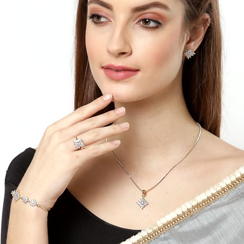 Image of ZENEME Jewellery Set for Women American Diamond Necklace Set with Earrings, Bracelet and Ring Jewellery for Girls and Women