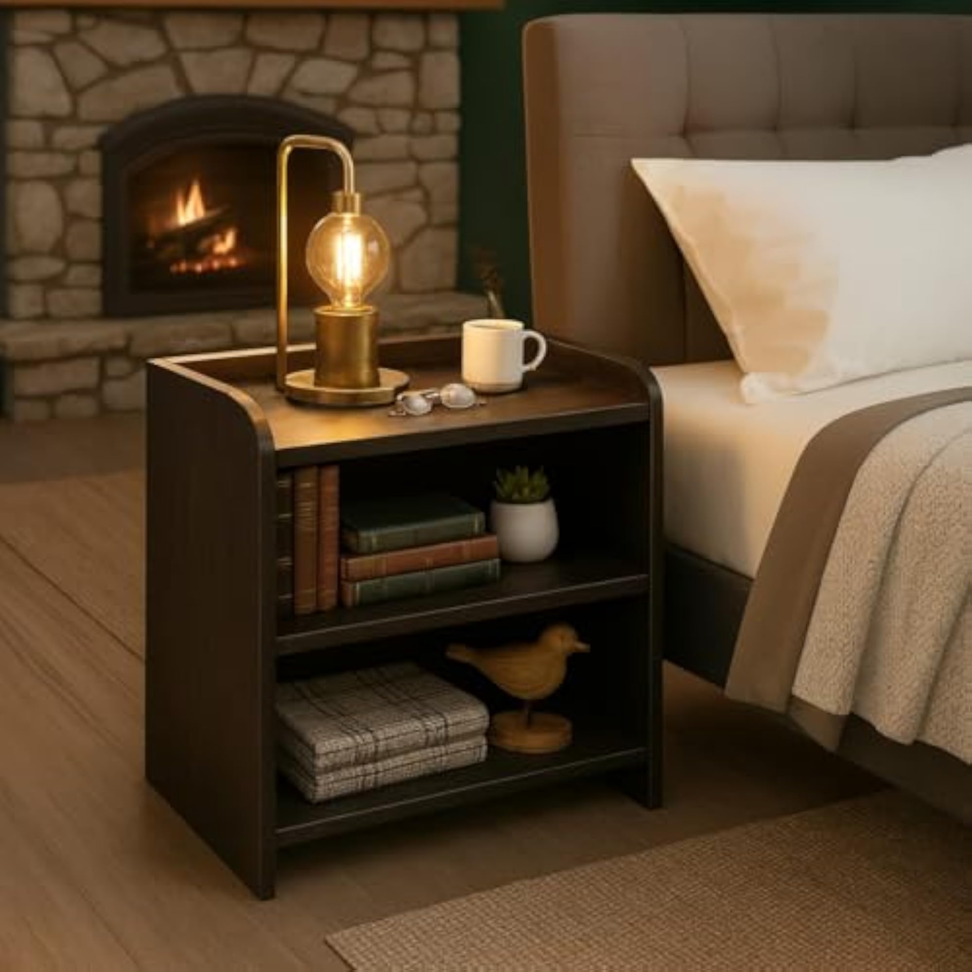 Modern Wooden Bedside Table Organizer with 3 Shelves