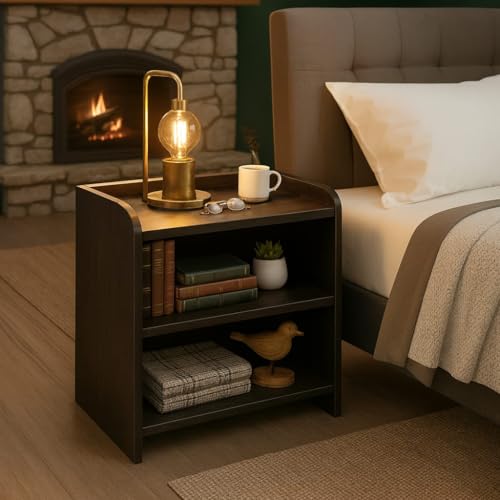 Image of NEST NATURE HAVEN Modern Bedside Table Wooden Organizer Nightstand Stand Storage Self Home Decor Table with 3 Shelves,End Table Coffee Table for Bedroom /End Table for Living Room(Dark Brown)