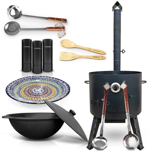 Utschak Feuerofen mit Thermometer Schornsteinverlängerung, Gusseisen Topf runder Boden mit Deckel (22 L) Schaumlöffel, Schöpfkelle, Holzlöffel, Holzspachtel, Lagan KazanoFF, Учаг, Kazan (Set 6)