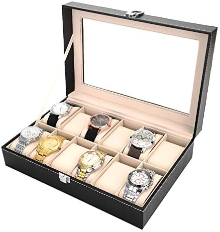 PENGKE 12 Slots Watch Box,PU Leather Watch Organizer and Display Case with Glass Lid, Black Pack of 1