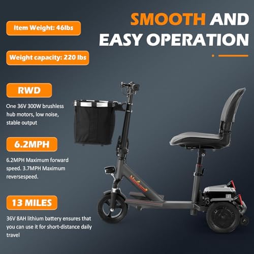 Medwarm 3 Wheeled Mobility Scooter, Electric Powered Scooter for Adults & Seniors, Folding and Compact Duty Scooter for Travel with Long Range Power Battery, Charger, Basket and Light