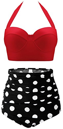 CHERRY CAT Black Tummy Control Swimwear One Piece Swimsuits (US 8, Red)