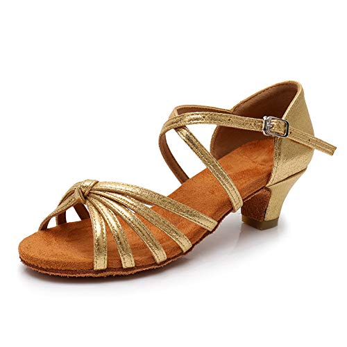 HIPPOSEUS Girls' Standard Latin Dance Shoes Gold Low Heel Salsa Ballroom Cha Cha Shoes,1 M US Little Kid