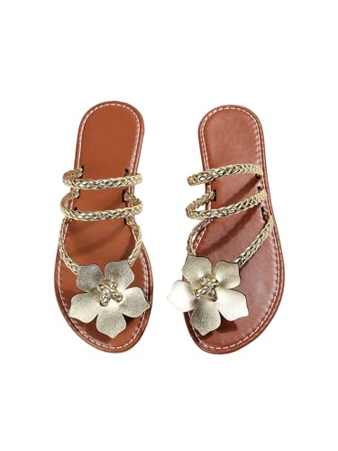 GORGLITTER Womens Flower Strappy Flat Sandals Braided Toe Ring Flip Flops Dressy Open Toe Summer Thong Sandals 2026 Gold 8