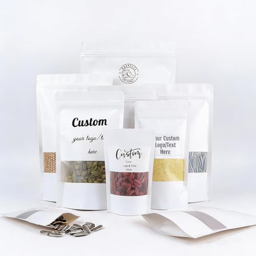 100PCS Custom Self-sealing Zip Paper Bags with Window, Personalized Reusable Kraft White Paper Pouch Bags for Food Packaging, Coffee Beans, Cookies, Small Business & Home Use