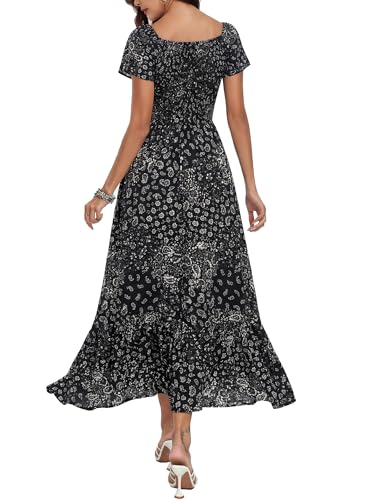 Image of Summer Smocked Boho Maxi Dress for Women 2026 Short Sleeve Floral Smocked Flowy Ruffled Beach Vacation Dresses Lightweight