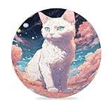 Juego de 8 Posavasos Nube Gato Dibujos Animados Redondos de Cerámica con Soporte y Base de Corcho Antideslizante Juego de Posavasos Lavables para Tazas de Café, Cerveza, Té y Botellas de Cristal