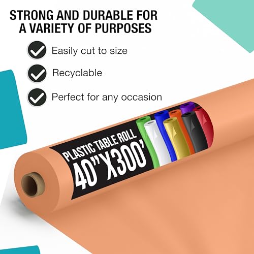 Exquisite Party Solids Peach Plastic Table Cover Roll 40" X 300' Table Cloth Plastic Cover Roll - Premium Quality Thick 0.5 MIL Banquet Rolls - Disposable Tablecloth Rolls by Party Solids - Used condition - Image 2