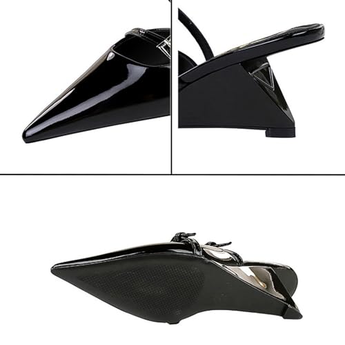 Women's Patent Leather Pointed Toe Wedge Mules with Adjust Instep Buckle Fashion Sexy Closed Toe Slingback MID Chunky Heel Dress Pumps Sandals for Party Prom Work3