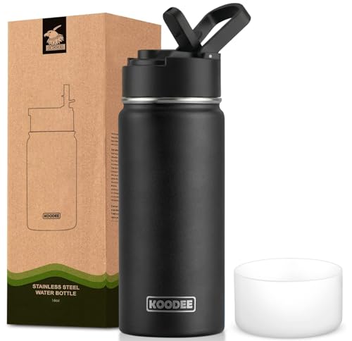 Image of Koodee Water Bottle for Boy 16 oz Stainless Steel Vacuum Insulated Wide Mouth Sports Water Bottle with Straw Lid-Reusable Metal Water Flask BPA Free (Black)