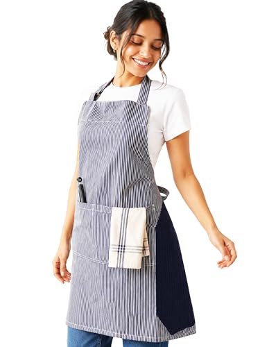 Image of Kitchen Apron - 100% Cotton, Adjustable Neck strap, Large Pocket - Unisex Apron for Men & Women - Cooking, Baking, BBQ, Gardening - Solid Colours, Striped and Checkered Patterns