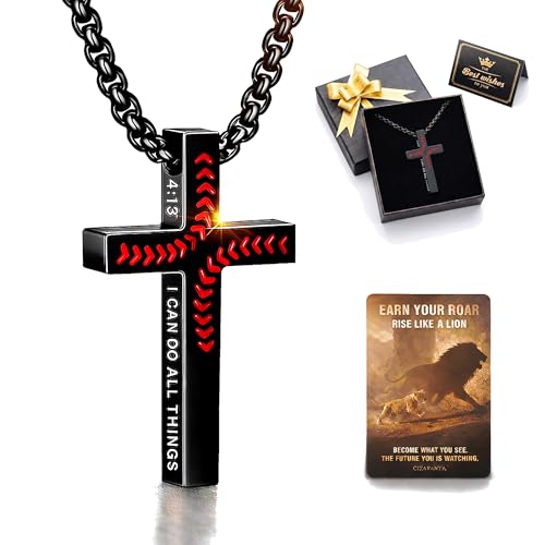 Image of Cizavanta Baseball Bible Verse Cross Necklace with Wallet Card Gift Box for Son, Grandson & Dad, 316L Stainless Steel Pendant Chain, Father