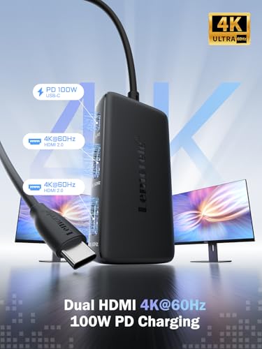 Image of Lemorele USB-C to Dual HDMI Adapter, USB C Hub with 2 HDMI 4K@60Hz, 100W PD Fast Charging, Plug and Play, Portable Type-C Multiport Adapter for MacBook, HP, Dell, Lenovo and More
