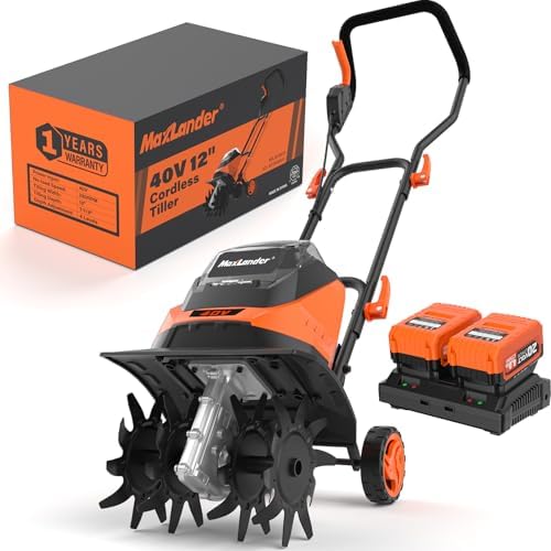 MAXLANDER Cordless Tiller Cultivator, 40V 12-Inch Brushless Battery Powered Garden Tiller with 4 Steel Tines, Powerful 280 RMP Rototiller, 2x4.0Ah Battery and Charger Included