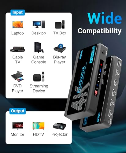 Image of BlueRigger 4K HDMI Switch 5 in 1 Out (4K 60Hz, 5 Port Video Switcher, HDMI Hub, HDR10+, 18Gbps, Selector Box with IR Remote) - Compatible with HDTV, PS5, Xbox, Apple TV, Projector, Blu-Ray