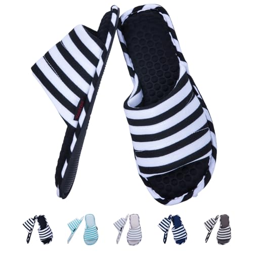 Image of Women's House Slippers Open Toe, Soft Knit Striped Bedroom Slippers with Cushioned Footbed, Non-Slip Sole for Indoor Home Use