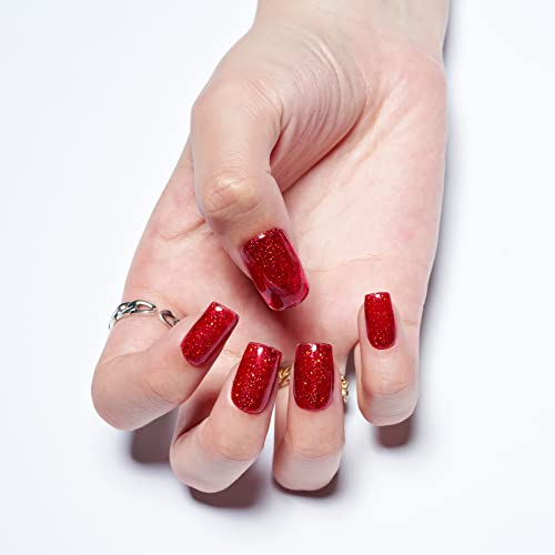 Gel Press On Nails Short Square Nails For Mother's Day, Red Glitter Wedding Fake Nails Medium Length Glue On Nails Uv Jelly False Nail Kits Acrylic Stick On Nails For Women Reusable Full Cover - 24Pcs By Glamermaid #TOP2