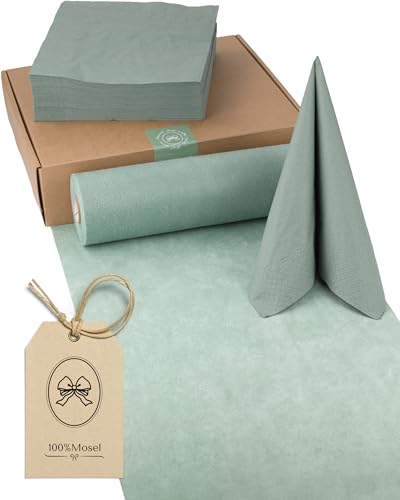 100%Mosel Tischdeko-Set – Eukalyptus Grün (25–50 Gäste) Tischläufer & Tissue Servietten für Taufe, Kommunion, Konfirmation, Hochzeit & Geburtstag – Praktisches Set für besondere Anlässe