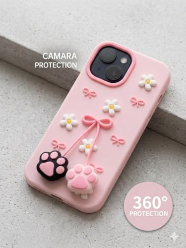 Image of for iPhone 15 Soft Silicone Phone case Features 3D Cartoon Flower and cat paw Claw Designe | Full Camara Protection | Super Soft-Touch |Shock Proof Back Cover for iPhone 15 (Pink)