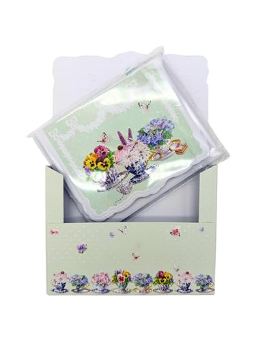 Image of Poster Foundry Pansy Teacups Boxed Note Cards by Carol Wilson. 10 embossed 4x5 Die-Cut Notecards and Matching Envelopes in Decorative Gift Box with Magnetic Flap. NCP2105