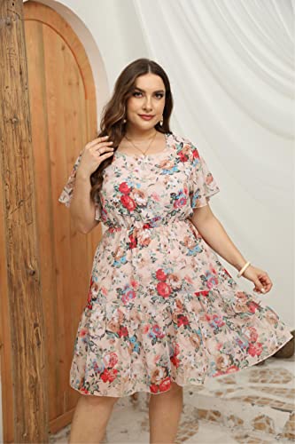 Hbeyyto Women Plus Size Dress Short Ruffle Sleeve Square Neck Chiffon Floral High Waist Flowy Maternity Dresses 2X Apricot #TOP3