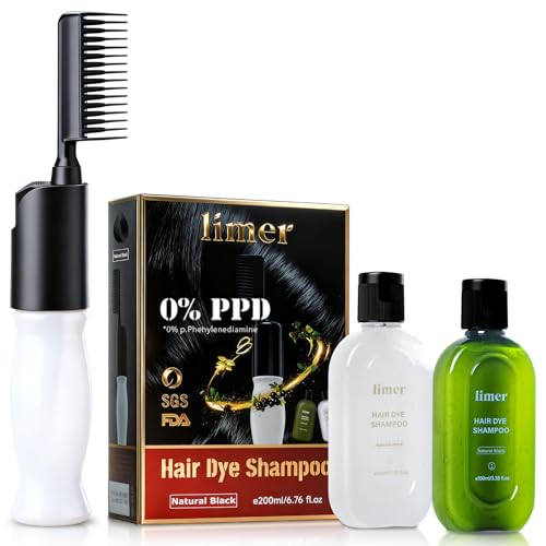 Hair Dye Shampoo PPD-Free for Sensitive Scalp, Comb-In Root Touch-Up Natural Black 6 in 1 Herbal Gentle Formula Gray Coverage for Men Women, Ammonia-Free,...