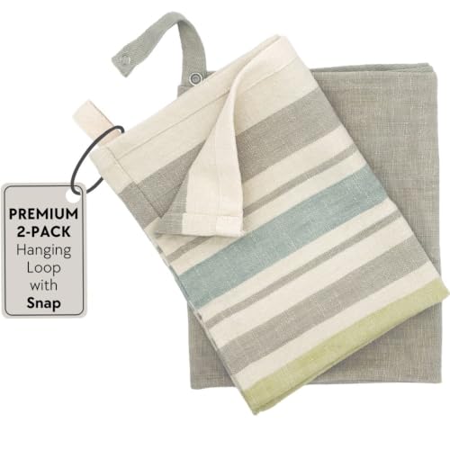 Railene Designs 100% Cotton Kitchen Dish Towels Hanging Loop & Snap 300 GSM Super Absorbent Lint-Free 2-Pack (Striped + Solid)
