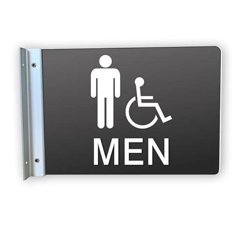 Men's Restroom Projecting Corridor Sign with aluminum wall bracket, Accessible Symbol 6x9”, Large Legible Text, Double Sided, Weather Resistant Acrylic, Made in USA