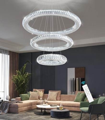 HAIXIANG 3 Rings Chandelier Modern Dimmable High Ceiling Large Ring Chanderliers Entryway Crystal Pendant Lights for Entryway Foyer Living Room Silver Light