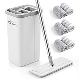 oshang Flat Mop and Bucket OG6, Hands Free Floor Flat Mop, Stainless-Steel Handle, 6 Washable & Reus