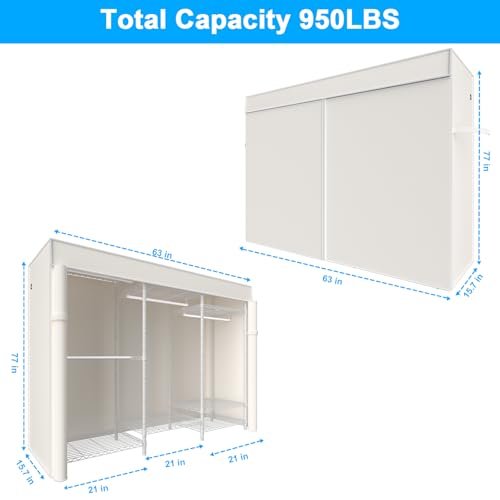 Ulif E13C Heavy Duty Closet Organizer System，Freestanding Clothing Racks for Hanging Clothes，Adjustable Garment Rack 63\" W x 16\" D x 77\" H Hold 960 lbs，White Clothing Rack with White Dustproof Cover - Thumbnail 2
