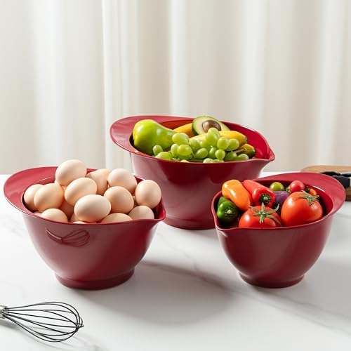 LEHAHA Set of 3 Melamine Mixing Bowls with Pour Spout, Non-Slip, BPA Free, Nesting large Serving Bowl with big handle for Prepping, Baking, Cooking, Kitchen Cooking and Baking Supplies, Burgundy Red - Thumbnail 3