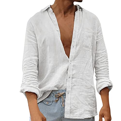 Photo de Tee Shirt Oversize Homme Chemises boutonnées décontractées Ultra-Minces Chemise de Plage à Manches Longues T-Shirts pour Hommes Noirs (White, L)