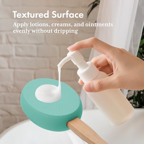Image of AmazerBath Lotion Applicator for Back, Feet, 4 Replacement Pads with 17 inch Curved Handle, Back Sunscreen Applicator for Kids, Elderly, Women, Apply Skin Cream Medicine Moisturizer Tanner, Apple Green