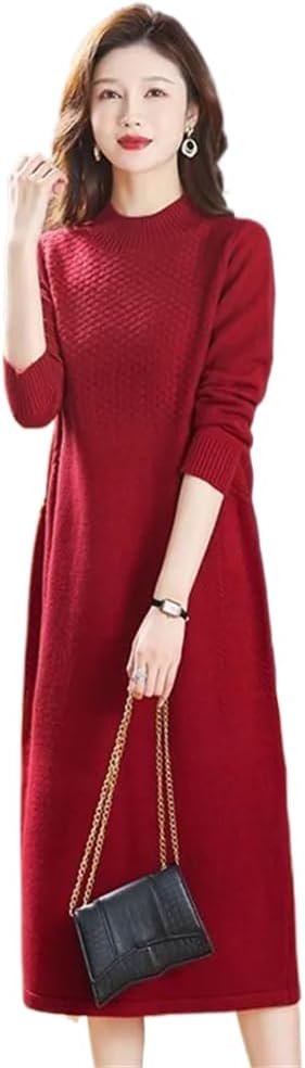 LIXINGHEITANG Women Knitting Dress Long Sweater for Autumn Winter Solid Patchwork Collar Pullover Oversize Dresses